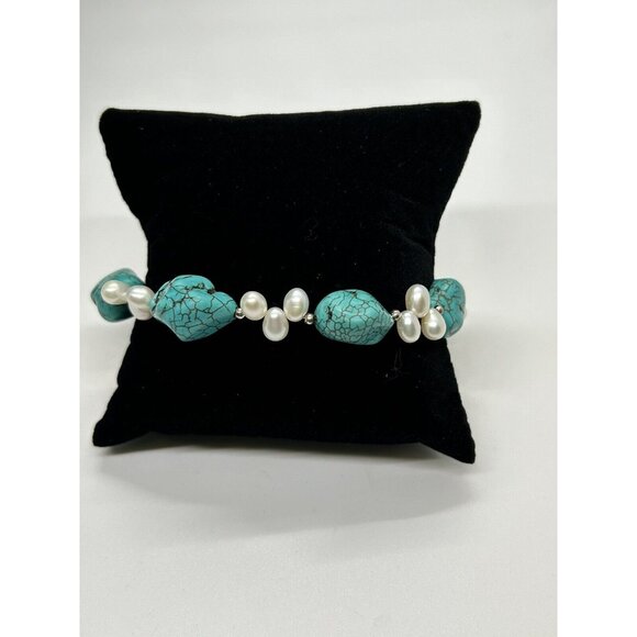 Fresh Water Pearl & Turquoise Colored Gemstone Necklace Bracelet Earring Set - Picture 3 of 6